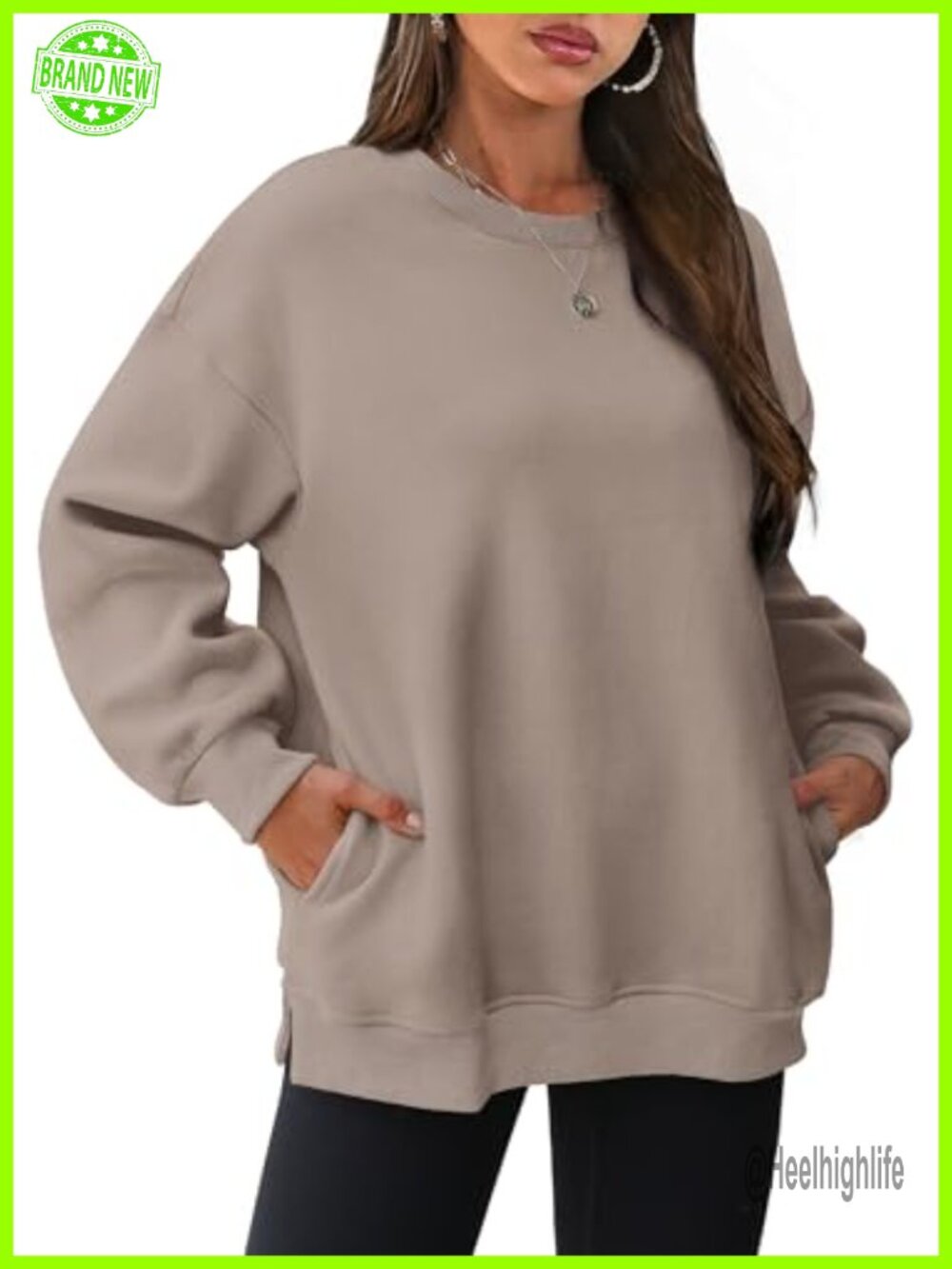 Oversized Fleece Sweatshirt Crewneck Pullover Side Slits Hidden Pockets